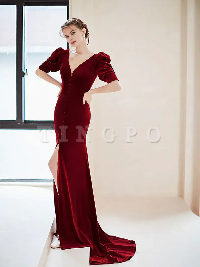 Wholesale Burgundy V neck Velvet Long Prom Dress Burgundy Formal Evening Dress gowns evening dresses